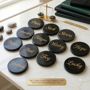 Custom 12-piece black jade intention stone set with gold engraved words like Pain, Worry, and Hope