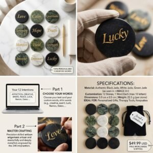 Custom 24K gold engraved jade stones set 12 bespoke words personalization guide - SkipYourWorry