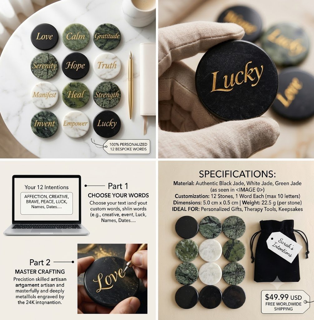 Custom 24K gold engraved jade stones set 12 bespoke words personalization guide - SkipYourWorry