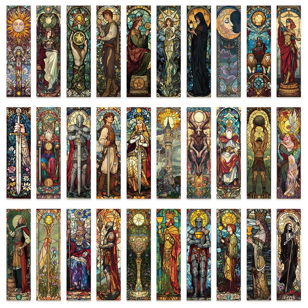 Full collection of vintage stained glass tarot bookmarks set in cathedral gothic style