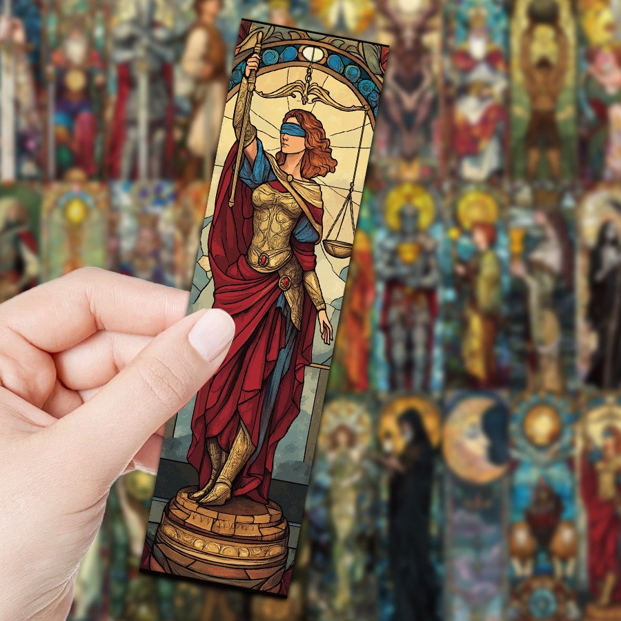 Hand holding a Lady Justice stained glass tarot bookmark with sword and scales