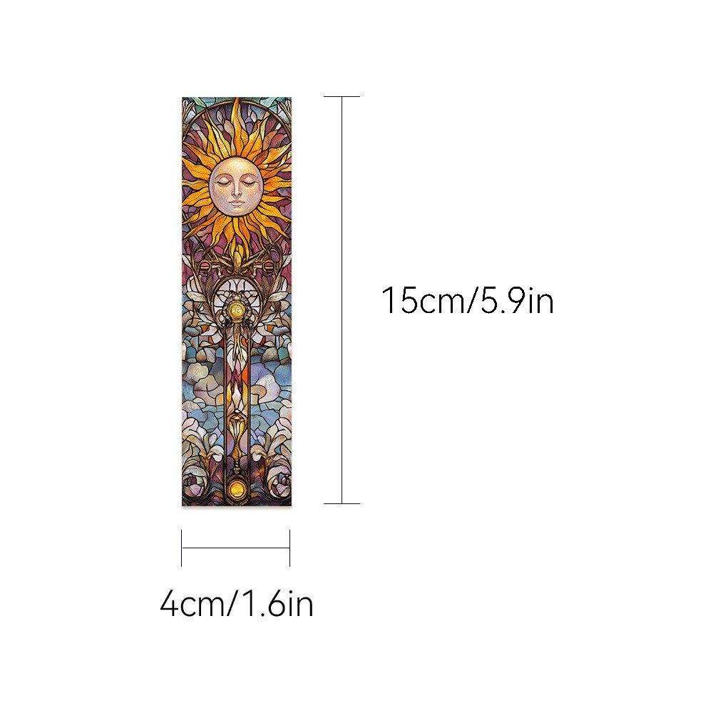 Hand holding a celestial goddess stained glass bookmark with intricate tarot art
